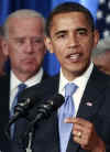 Vice-President-elect Joe Biden listens as Barack Obama holds his first press conference as President-elect Obama on November 7, 2008 at the Chicago Hilton.