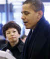 President-elect Barack Obama decides on his lunch order. Obama had lunch in Chicago with his transition advisor Valerie Jarrrett at Manny's Deli in Chicago. Obama's every moment was watched by surprised staff and patrons.