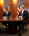 Former Vice President Al Gore meets with President-elect Barack Obama and Vice president-elect Joseph Biden at the Obama transition offices in Chicago on December 9, 2008.