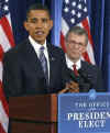 Barack Obama announces Senate Majority Leader Tom Daschle as nominee for chief of the Department of Health and Human Resources at a Chicago press conference on December 11, 2008.