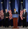 Barack Obama selects Colorado Senator Ken Salazar as Secretary of the Interior and Tom Vilsack as Secretary of Agriculture at Chicago Press Conference on December 17, 2008.