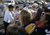 Barack Obama greets the crowd after workout at Semper Fit gym on US Marine Corps Base in Kailua on December 27, 2008.