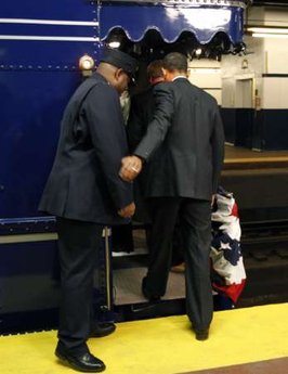 Barack Obama boards the train at the 30th Street station in Philadelphia to begin his historic train journey.Barack Obama takes the same train journey as President Abraham Lincoln from Philadelphia to Washington on a 137 mile whistle stop trip. Obama's train, known as the Obama Express, stopped in Wilmington, Delaware to pick up Joe Biden, and a stop in Baltimore where he delivered another speech. Abraham Lincoln delivered over 100 speeches on his 1861 train journey.