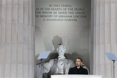 Barack Obama speaks at the Official Opening Inaugural Celebration at the Lincoln Memorial on January 18, 2009. Barack and Michelle Obama and Joe and Jill Biden attend an inaugural ceremony and concert at the Lincoln Memorial. Biden and Obama delivered short speeches at the Lincoln Memorial. Obama said Lincoln  is "the man who made this possible."