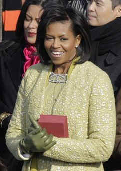 Michelle Obama arrives for ceremonies with Lincoln's 1861 bible. Barack Obama arrives for swearing-in ceremony.
