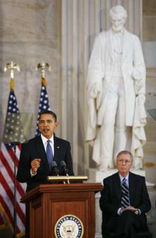 President Barack Obama speaks in the Rotunda of the US Capitol in Washington, DC on February 12, 2009 during the Lincoln Bicentennial Congressional Celebrations honoring the 1809 birth of President Abraham Lincoln.