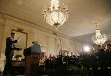 President Barack Obama speaks to the Business Council comprising of the leaders of US corporations to outline President Obama's economic plan set at $787 billion. Obama spoke in the East Room of the White House on February 13, 2009.