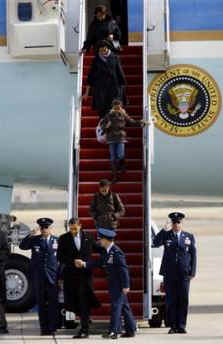 President Barack Obama and family arrive on Air Force One at Andrews Air Force Base returning to the White House after a President's Day weekend at Obama's Chicago home.