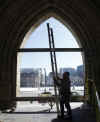 ObamaEh.com - Canada and Barack Obama - President Barack Obama interview by CBC's Peter Mansbridge on February 17, 2009. President Obama visits Canada on February 19 2009. President Obama makes Canada his first foreign trip as US President. Photo: Security preparations continue on Parliament Hill in Ottawa just 48 hours before President Barack Obama's visit to Canada. RCMP and US Secret Service prepare to secure the Parliament grounds, including the installation of concealment tarps, bullet proof glass (photo), and street and pedestrian barriers.