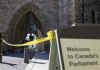 Security preparations continue on Parliament Hill in Ottawa just 48 hours before President Barack Obama's visit to Canada. RCMP and US Secret Service prepare to secure the Parliament grounds, including the installation of concealment tarps, bullet proof glass, and street and pedestrian barriers (photo).