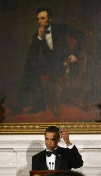 President Barack Obama and Michelle Obama host a dinner for US Governors in the State Dining Room of the White House. After the dinner and President Obama's remarks the Governors attended entertainment in the East Room of the White House.