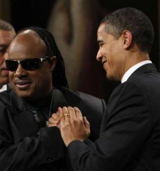 First Lady Michelle Obama hosts a function for musician Stevie Wonder who was awarded the Library of Congress Gershwin Prize in a ceremony in the East Room of the White House on February 25, 2009.