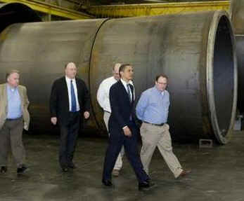 President Barack Obama tours the Trinity Structural Towers Manufacturing Plant in Newton, Iowa on Earth Day, April 22, 2009.