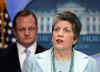 Secretary of Homeland Security Janet Napolitano and Press Secretary Robert Gibbs at a rare Sunday press conference.