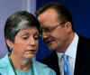 Secretary of Homeland Security Janet Napolitano and Press Secretary Robert Gibbs at a rare Sunday press conference.