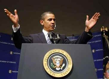 President Barack Obama speaks at an annual science meeting at the National Academy of Sciences in Washington, DC.