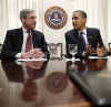 President Barack Obama meets with FBI Director Robert Mueller at FBI Headquarters in Washington on April 28, 2009.