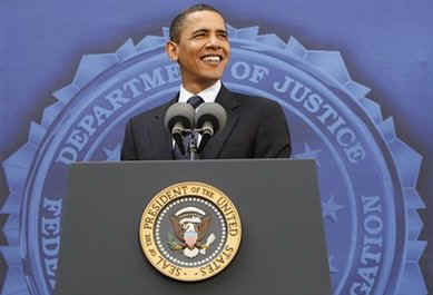 President Obama speaks to FBI employees at FBI Headquarters in Washington, DC on April 28, 2009. 