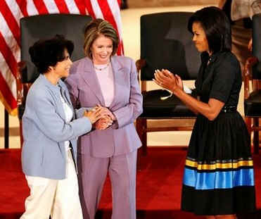 First Lady Michelle Obama, Secretary of State Hillary Clinton, Speaker of the House Nancy Pelosi and other guests join in an unveiling ceremony of the sculpted bust of Sojourner Truth created by Canadian sculptor Artis Lane (photo left).