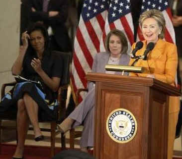 First Lady Michelle Obama, Secretary of State Hillary Clinton, Speaker of the House Nancy Pelosi and other guests join in an unveiling ceremony of the sculpted bust of Sojourner Truth.