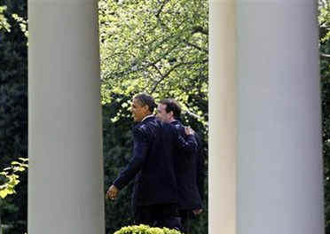 President Barack Obama at Teacher of the Year ceremony with Award Winner Anthony Mullen in the Rose Garden of the White House on April 28, 2009.