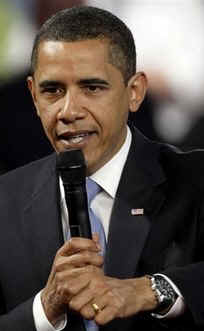 President Barack Obama speaks in a town hall meeting at Fox Senior High School in Arnold, Missouri on April 29, 2009.