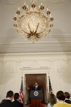 President Barack Obama speaks at a prime time press conference on the 100th day anniversary of his presidency on April 29, 2009.