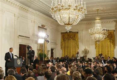 President Barack Obama speaks at a prime time press conference on the 100th day anniversary of his presidency on April 29, 2009.