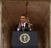 President Barack Obama speaks at a prime time press conference on the 100th day anniversary of his presidency on April 29, 2009.