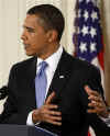 President Barack Obama speaks at a prime time press conference on the 100th day anniversary of his presidency on April 29, 2009.