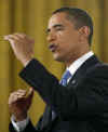 President Barack Obama speaks at a prime time press conference on the 100th day anniversary of his presidency on April 29, 2009.