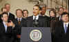 President Barack Obama speaks on the auto industry in the Grand Foyer of the White House on April 30, 2009.