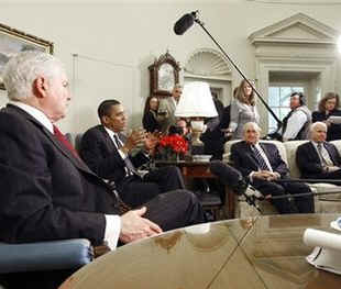 President Barack Obama meets with the Congressional Armed Services leadership in the Oval Office of the White House.