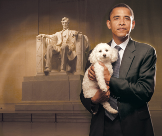 Obama promotes dog adoption in this 2007 PR photo with the Lincoln Memorial in the background. The three-logged dog's name is Baby.