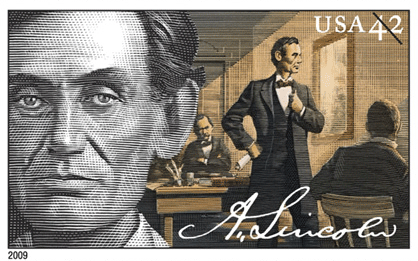 Lincoln in Court. BW Photo: Lawyer - 1858. The US Postal Service releases a set of four commemorative postage stamps honoring the 200th Anniversary of Abraham Lincoln's birth in 1809. 