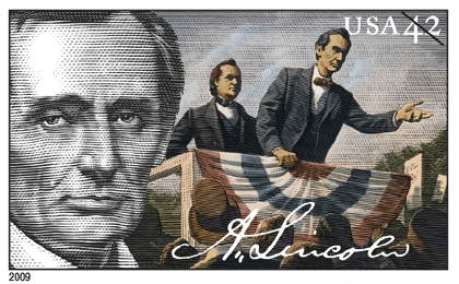 Lincoln as a Politician Debating. BW Photo: Politician - 1860. The US Postal Service releases a set of four commemorative postage stamps honoring the 200th Anniversary of Abraham Lincoln's birth in 1809. 