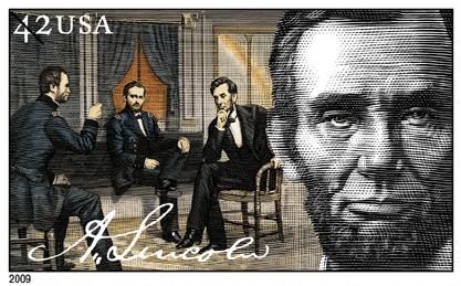 Lincoln Meets with Generals. BW Photo: President - 1863. The US Postal Service releases a set of four commemorative postage stamps honoring the 200th Anniversary of Abraham Lincoln's birth in 1809. 